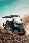 EVA BEA KB-G2+2H dark green rugged electric LSV golf cart driving off-road through dirt and dust