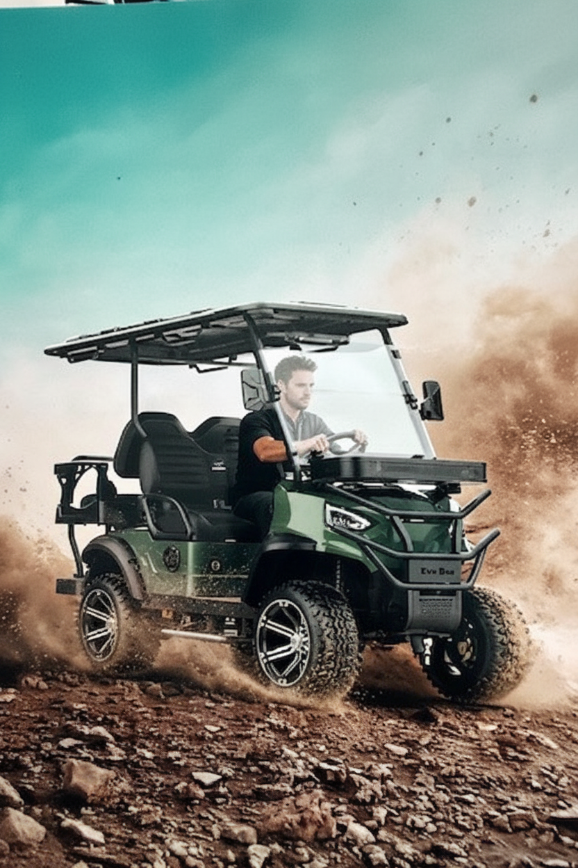 EVA BEA KB-G2+2H dark green rugged electric LSV golf cart driving off-road through dirt and dust