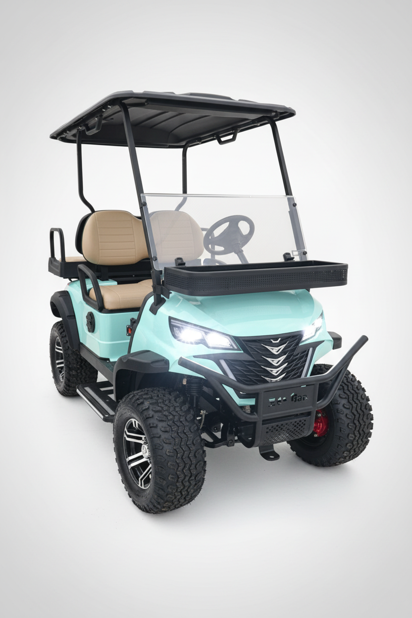 EVA BEA KC 2+2 teal blue electric LSV golf cart front view studio