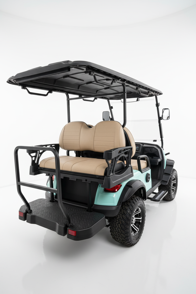 EVA BEA KC 2+2 teal blue electric LSV golf cart rear 3/4 view studio