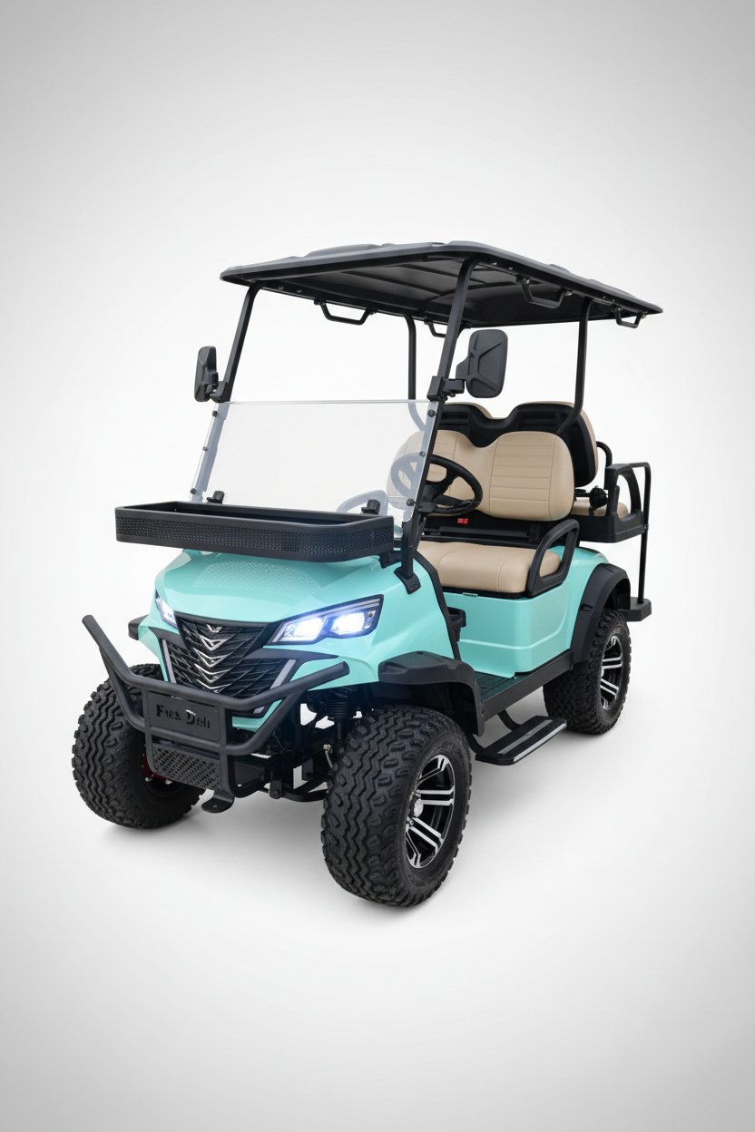 EVA BEA KC 2+2 teal blue electric LSV golf cart side view studio
