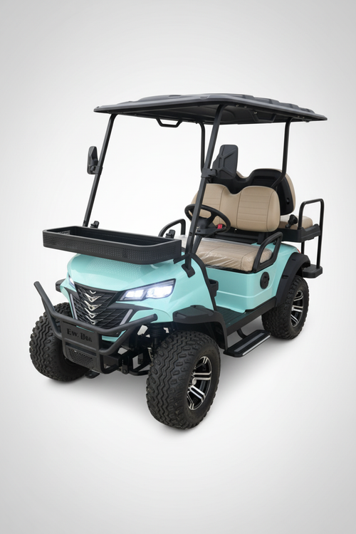 EVA BEA KC 2+2 teal blue electric LSV golf cart 3/4 front view studio