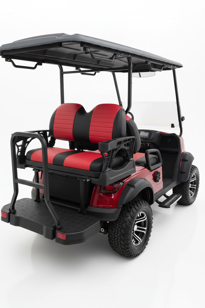 EVA BEA KB-G2+2H deep red electric LSV golf cart rear 3/4 view studio