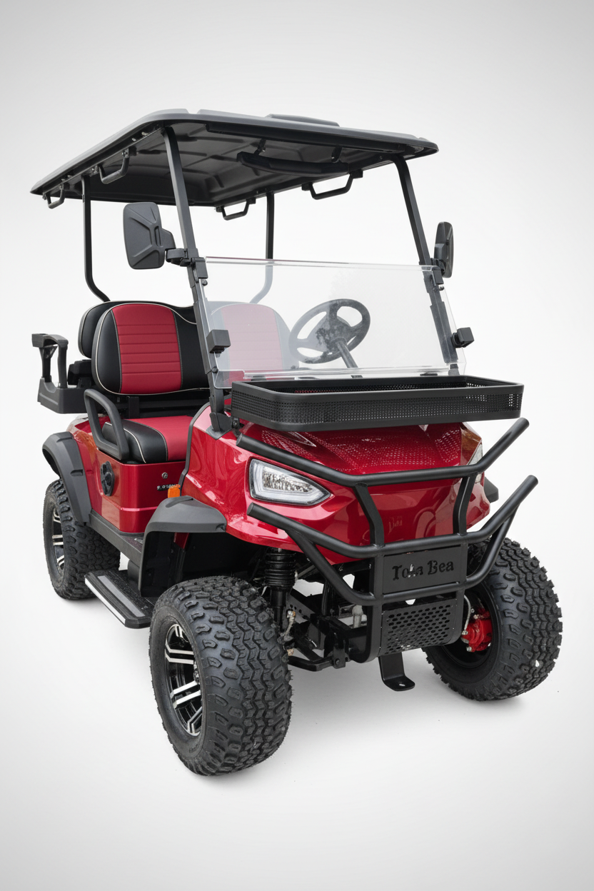 EVA BEA KB-G2+2H deep red electric LSV golf cart 3/4 front view studio